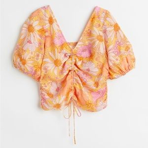 V-neck Drawstring Blouse Flower Print